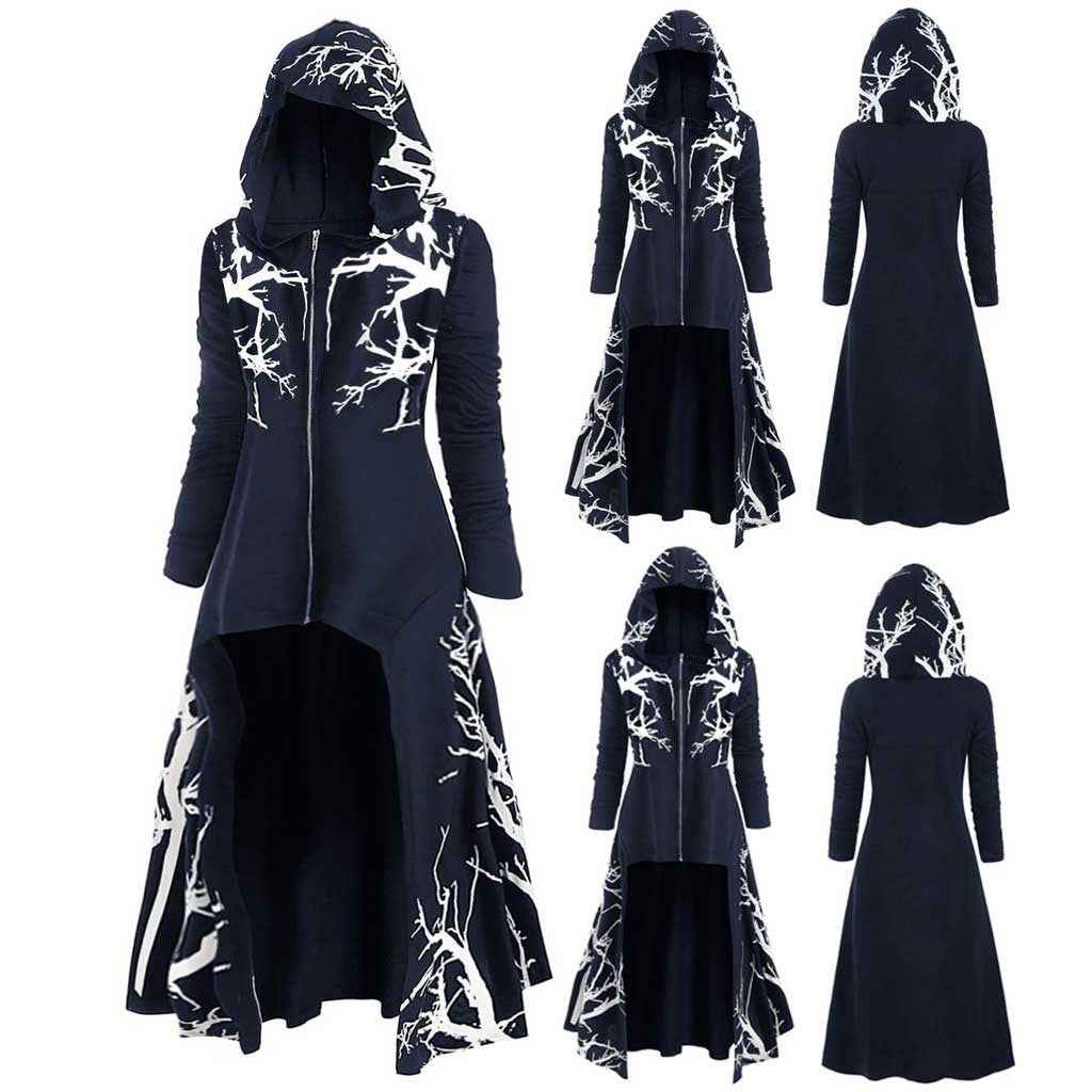 Gothic Halloween Cape Jacket for Women – Printed Long Sleeve Zip-Up Costume Coat