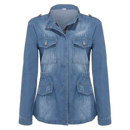 Fitted Zip up Lapel Women Denim Jacket