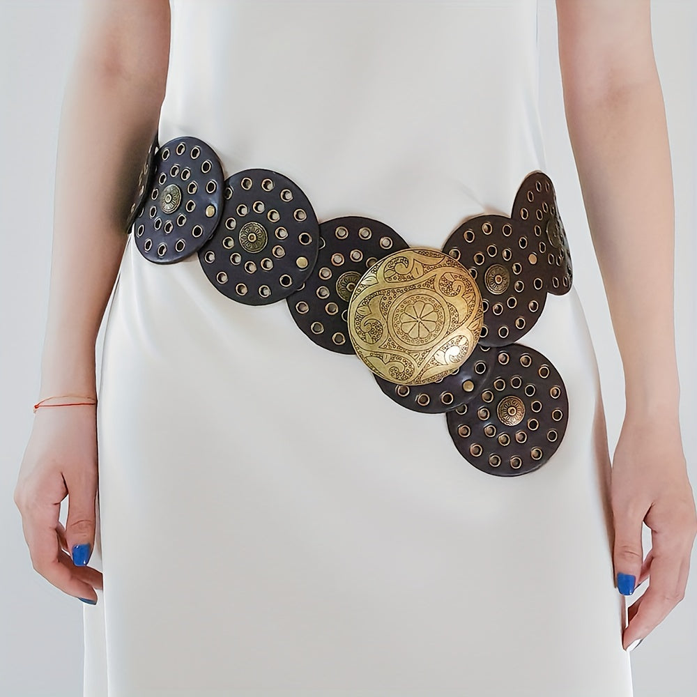Ceinture large de cowboy occidental avec rivets dorés, en cuir PU, style Steampunk, avec grande boucle ronde vintage pour femme.