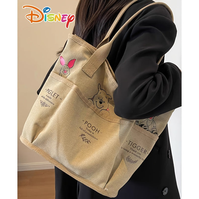 Disney Winnie The Pooh Printed Canvas Tote Bag, Vintage Single Shoulder Bag, Large Capacity Multi-Pocket Handbag Christmas/Halloween gift