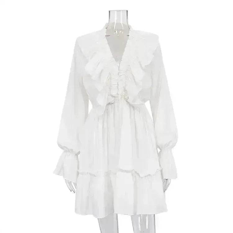 Robe plissée à volants et manches longues col en V style décontracté Y2K Robe patineuse courte col en V manches évasées Vêtements femme