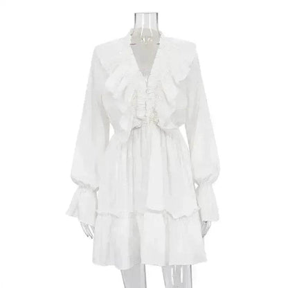 Robe plissée à volants et manches longues col en V style décontracté Y2K Robe patineuse courte col en V manches évasées Vêtements femme