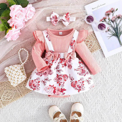 Latest Popular Sweet Long Sleeve pink Romper White Floral Suspender Skirt two piece for baby girls