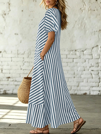 Asymmetrical One-Shoulder Striped Maxi Dress – Puff Sleeve Ruffle Hem Loose Vacation Dress with Pockets