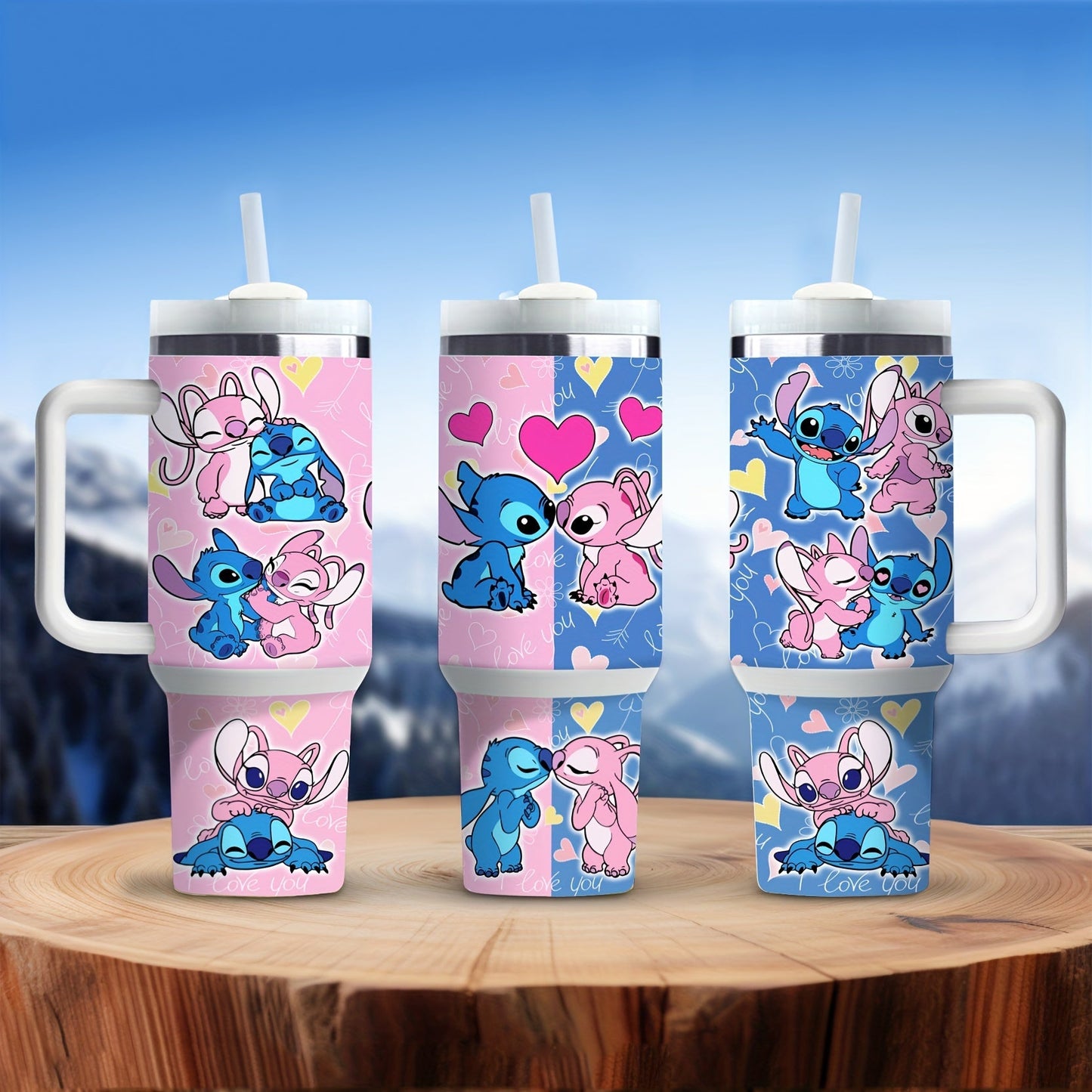 Gobelet isotherme Disney Stitch & Angel 40oz avec poignée - Acier inoxydable, garde les boissons chaudes ou froides, comprend une paille - Cadeau parfait pour la Saint-Valentin pour la famille et les amis