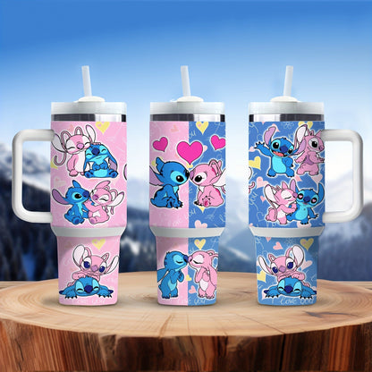 Gobelet isotherme Disney Stitch & Angel 40oz avec poignée - Acier inoxydable, garde les boissons chaudes ou froides, comprend une paille - Cadeau parfait pour la Saint-Valentin pour la famille et les amis