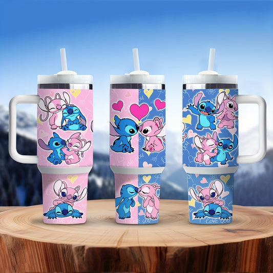 Disney Stitch & Angel 40oz Insulated Tumbler with Handle - Stainless Steel, Keeps Drinks Hot or Cold, Includes Straw - Perfect Valentine's Day Gift for Family and Friends