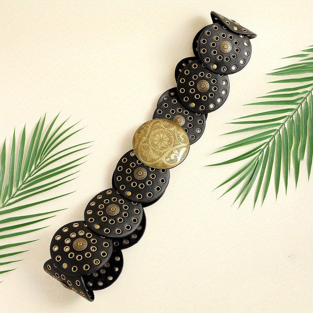 Ceinture large de cowboy occidental avec rivets dorés, en cuir PU, style Steampunk, avec grande boucle ronde vintage pour femme.