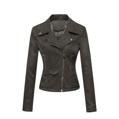 Women’s Slim-Fit Suede Leather Jacket – Short Commuter Motorcycle-Style Outerwear