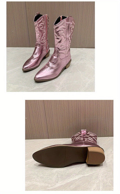 Solid Color Women's Low Heeled Embroidery Cowboy Boots, Pointed Toe V-cut Chunky Retro Mid Calf Western Boots