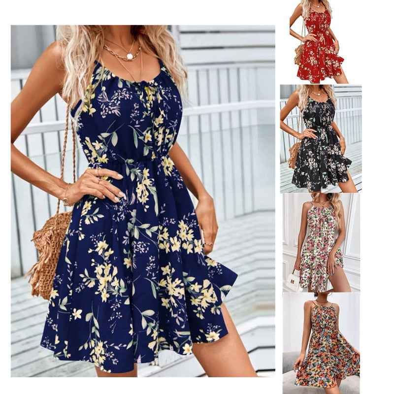 Floral Print Suspender Dress with Elastic Waist – Fashionable Summer Short Dress for Women