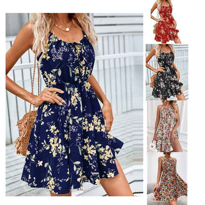 Floral Print Suspender Dress with Elastic Waist – Fashionable Summer Short Dress for Women