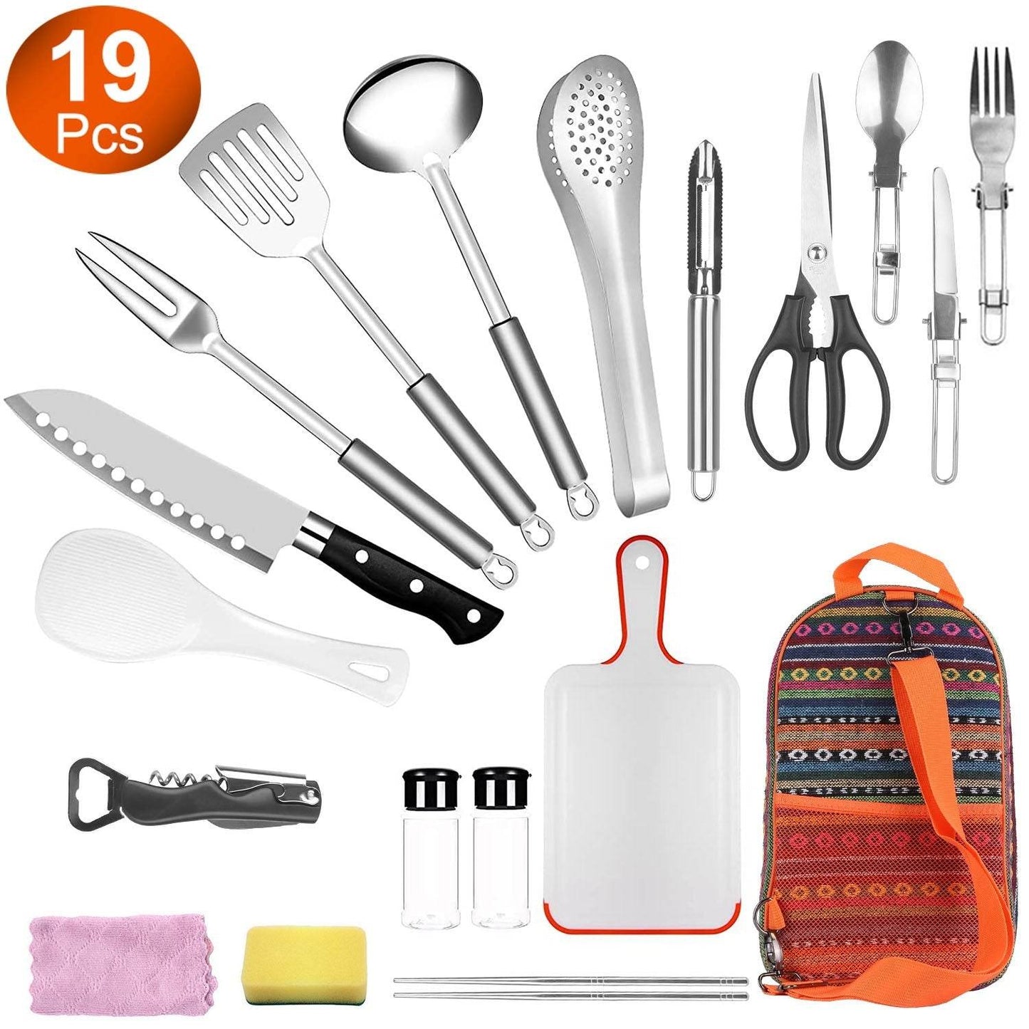 Kit d'ustensiles de cuisine de camping 19 pièces, batterie de cuisine portable de pique-nique, équipement de cuisine d'extérieur, appareils de barbecue de feu de camp avec sac de rangement
