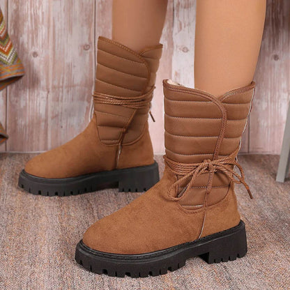 Bottes de neige mi-mollet tendance avec lacets, bottes d'hiver chaudes et épaisses à talon bas, chaussures décontractées pour femmes, pour l'extérieur