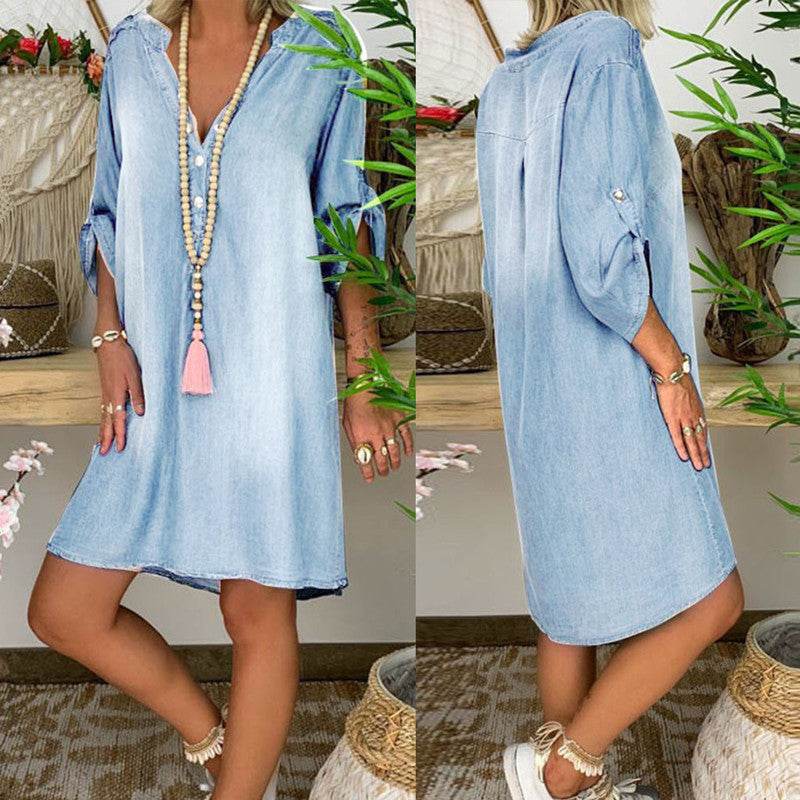 Casual Half Button Mid-sleeve loose Washed denim dress
