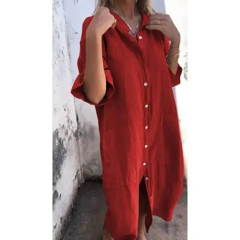 Women Loose Casual Half Sleeve Cotton Linen Buttoned down  Shirt Dress