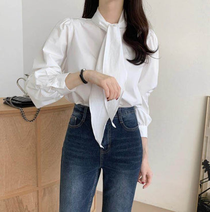 Spring New Gentle Lace-up Bow Tie Design Puff Sleeve Solid Color Shirt For Women