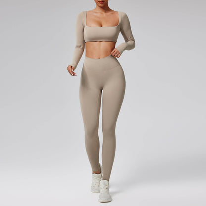 Quick-drying Nude Feel Running Sports Workout Yoga Clothes 2pcs set Long sleeve Crop top and High Waist Pant