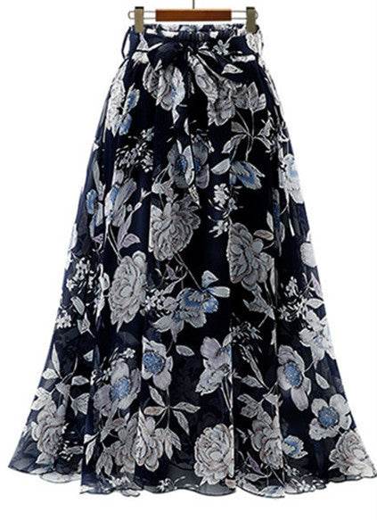 Jupe Longue Formelle Femme Taille Haute Florale Évasée en Mousseline de Soie pour le Bureau