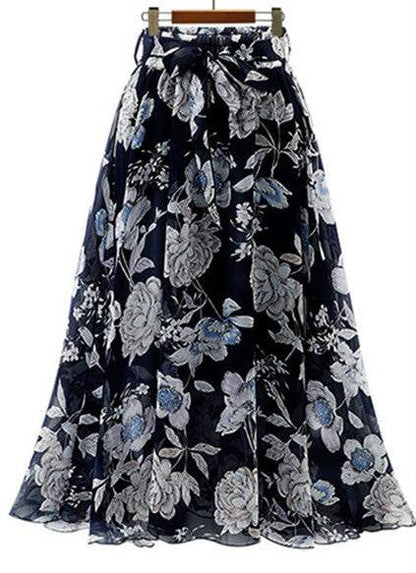 Jupe Longue Formelle Femme Taille Haute Florale Évasée en Mousseline de Soie pour le Bureau