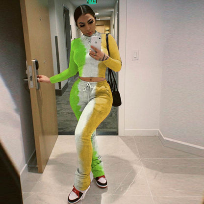 Tie-Dye 2pcs Women Long sleeve Drawstring Sweatsuit Outfit set