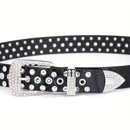 Sparkling Hollow Out Rhinestone Belt Solid Color PU Leather Belt Hip Hop Jeans Pants Belt Y2K Cowboy Cowgirl Belt For Women & Men
