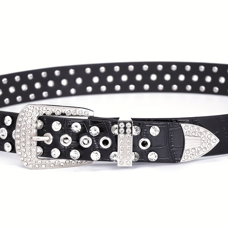 Sparkling Hollow Out Rhinestone Belt Solid Color PU Leather Belt Hip Hop Jeans Pants Belt Y2K Cowboy Cowgirl Belt For Women & Men
