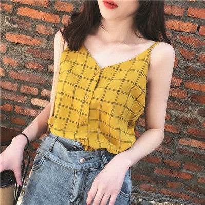 Casual sleeveless button down Chiffon  blouse top for women