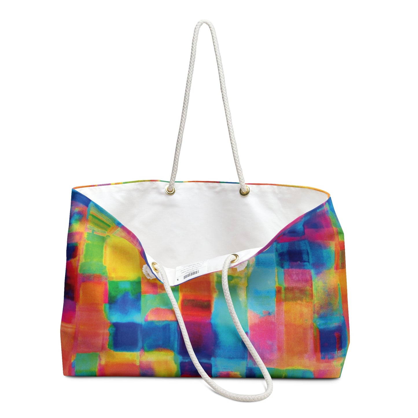 Sac de voyage « weekender » avec des carrés abstraits aquarelle colorés | Grand sac fourre-tout de voyage lumineux