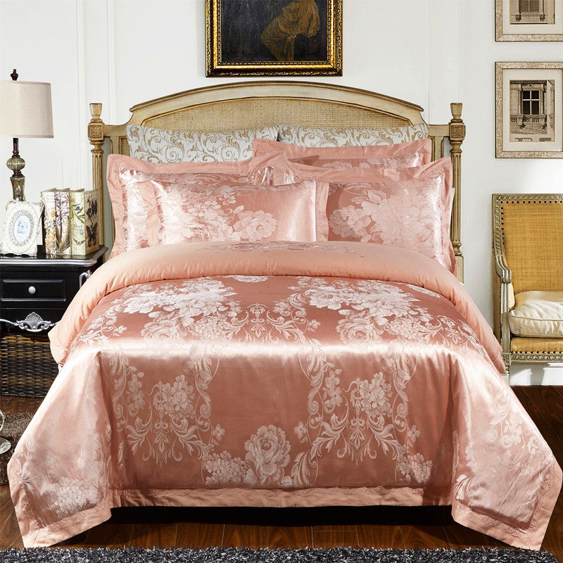 4-Piece Cotton Jacquard Bedding Set – Embroidered Floral Wedding Duvet Cover & Sheet Set