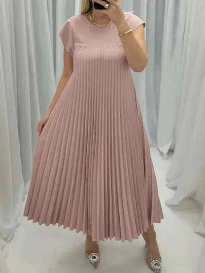 Women Summer Pleated Maxi Dress Casual Short Sleeve Crewneck Flowy Swing Long Dress with Pockets