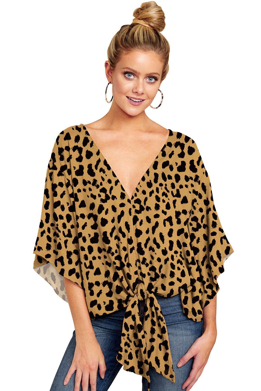 Nouvelle Blouse Col V Femme Imprimé Léopard Floral Noué Devant Chauve-souris Été Surtailles Blouses Dames