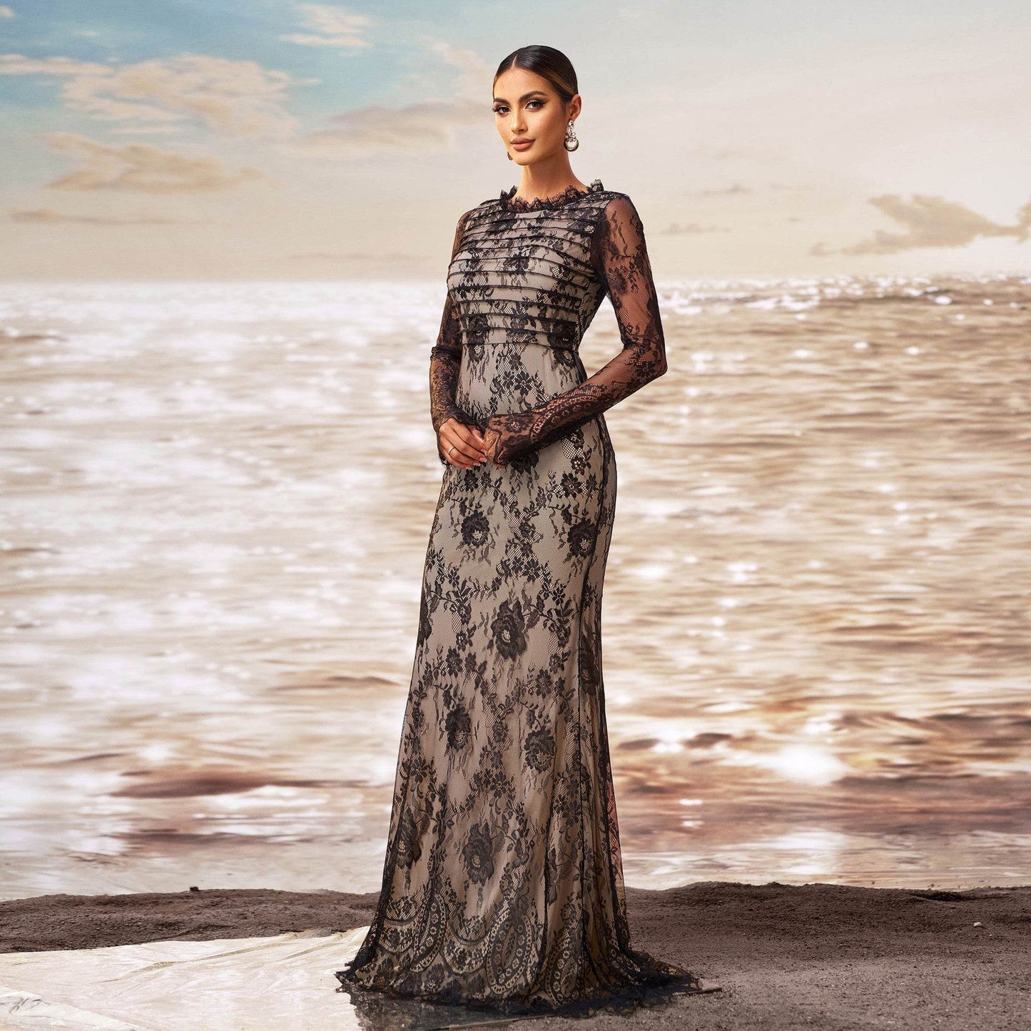 Elegant Long Sleeve Gauze Sheath Fishtail Evening Party Dress