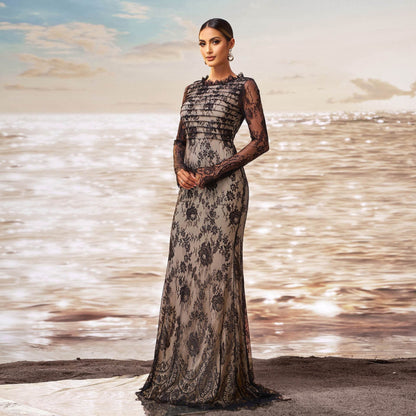 Elegant Long Sleeve Gauze Sheath Fishtail Evening Party Dress