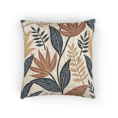Tropical Leaf Pattern Woven Pillow | Botanical Throw Pillow, Neutral Blue Rust Design