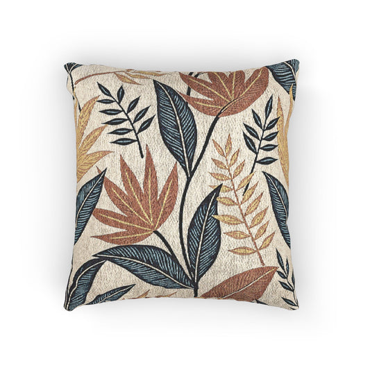 Oreiller tissé à motif de feuilles tropicales | Coussin décoratif botanique, design bleu rouille neutre