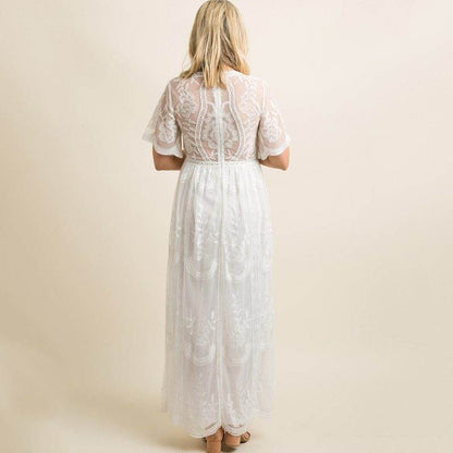 Robes de maternité pour séance photo - Col en V, dentelle blanche, manches courtes, grossesse, photographie, maxi-robe