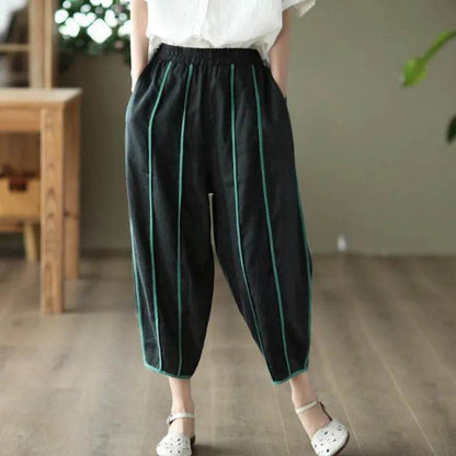 Summer Thin Striped Cotton And Linen Cropped trouser Pants For Women