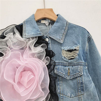 Elegant women fashion embroidered cropped Ripped blue Denim Jacket