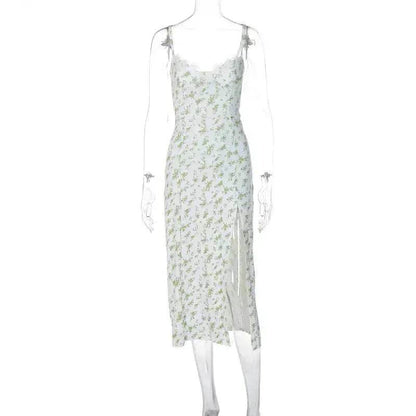 Women's Floral Spaghetti Strap Cami Dress Lace Trim Side Slit Bodycon Midi summer Dress
