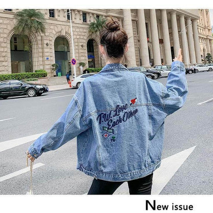 All-match Korean Style Loose Embroidered Denim Jacket Women