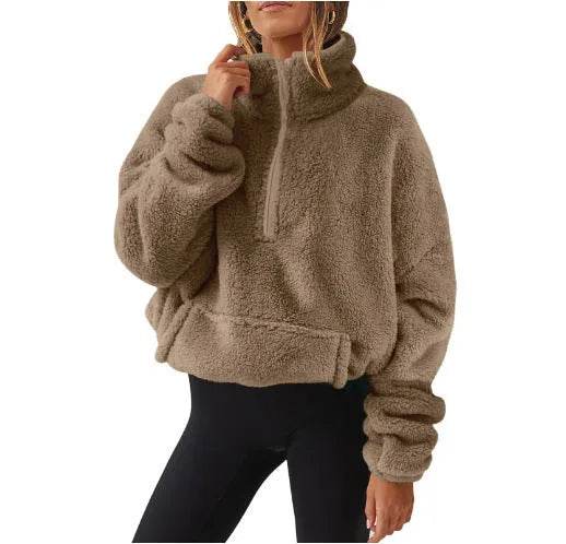 Pull pour femme en velours européen et américain, doublé polaire, avec demi-fermeture éclair et col montant