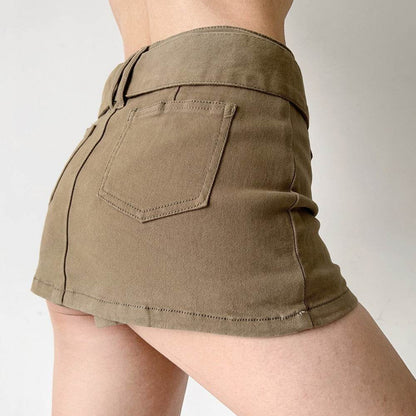 American Retro Wide Waistband Denim Mini Skirt with Belt