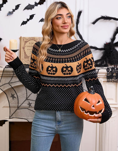 Women's Halloween Pumpkin Embroidered Retro Long-sleeved Sweater