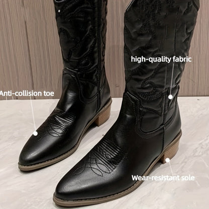 Bottes de cowboy mi-mollet rétro à talon bas et broderies pour femme, bout pointu et découpe en V