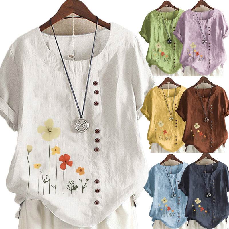 Casual Summer Beach Cotton And Linen Printed Elegant Short Sleeve blouse Top Women