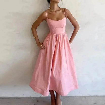 Elegant Solid Color Spaghetti Strap Suspender Skirt Dress Midi Skater Dress for Women