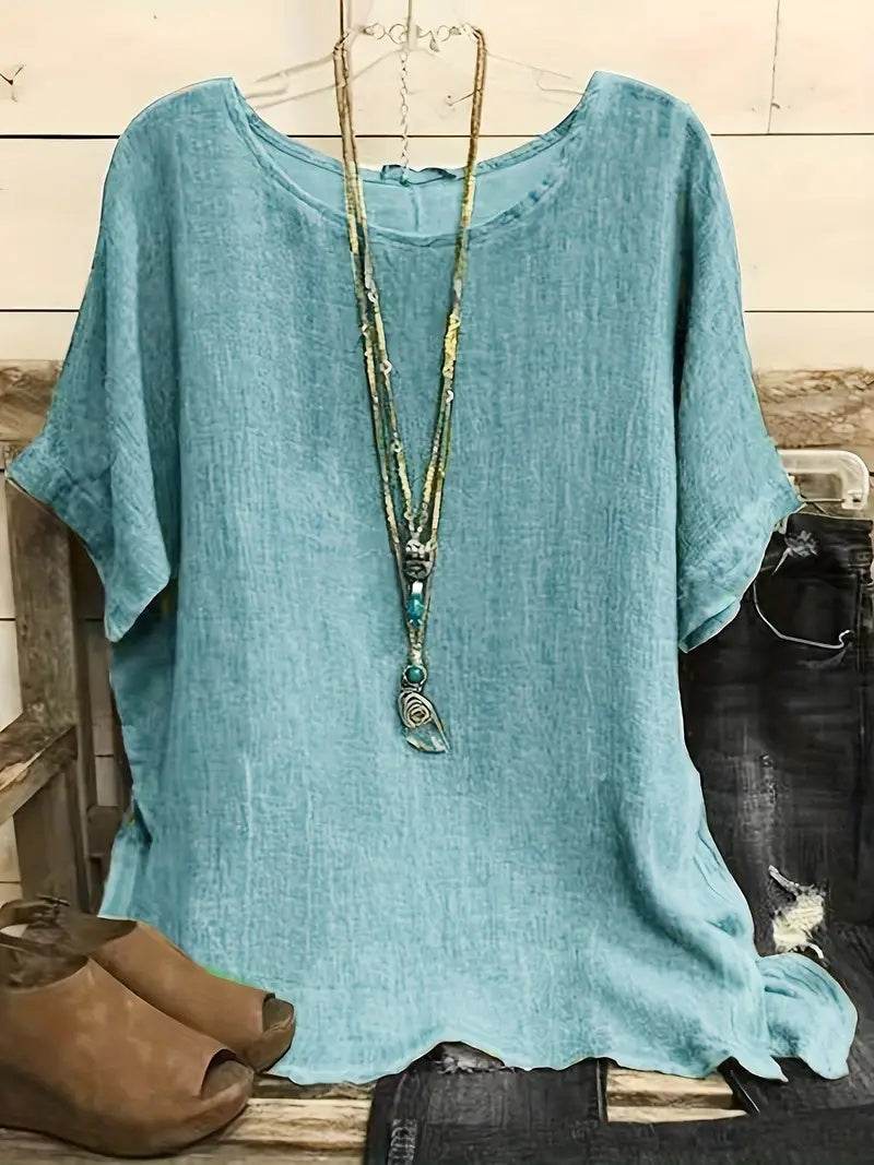 Women Fashion Casual blouse top 3/4 Sleeve Round Neck Blouses Summer Loose linen Tops Streetwear