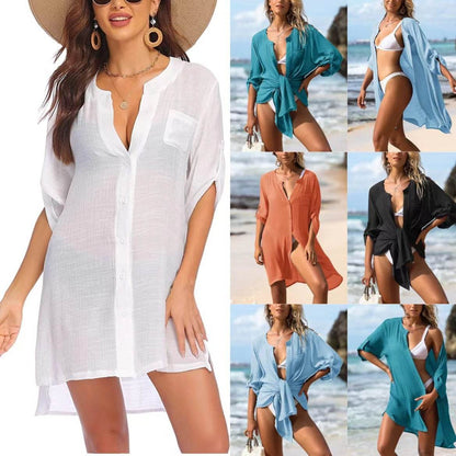 European And American Sun Protection Women Beach Linen Shirt dress
