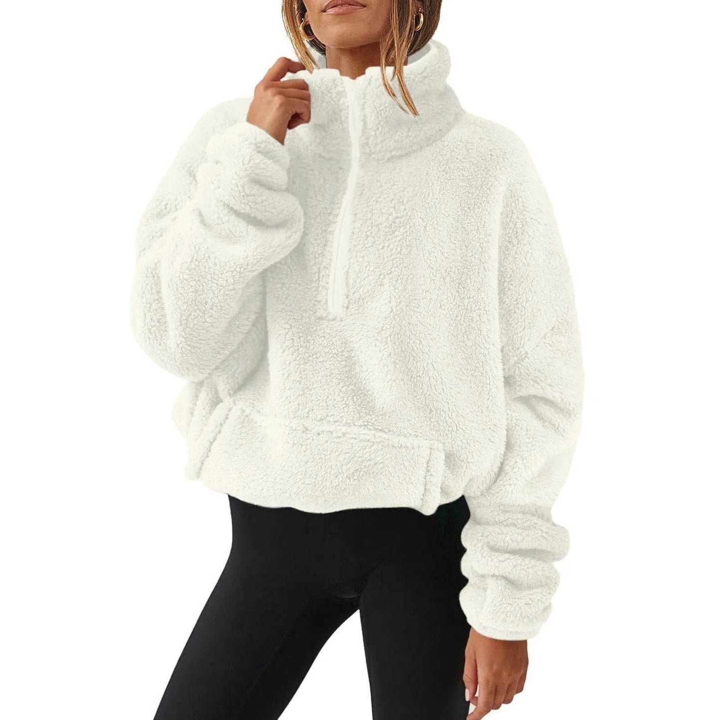 Pull pour femme en velours européen et américain, doublé polaire, avec demi-fermeture éclair et col montant